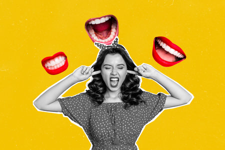 Composite photo collage of angry suffer girl shut ears bullying concept problem hate society mouth mock isolated on painted backgroundの写真素材