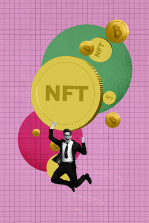 Vertical collage young businessman jump celebrate success winner victory golden coins nft bitcoin cryptocurrency rich income profitの写真素材