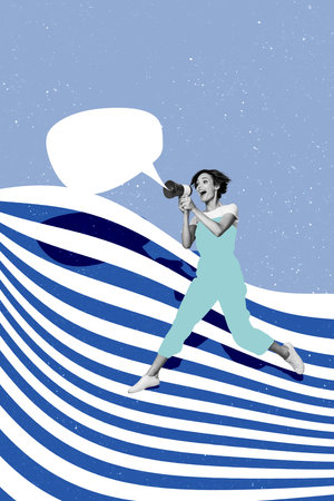Vertical photo collage of happy girl hold megaphone device speak text box vote agitation talk news promoter isolated on painted backgroundの写真素材