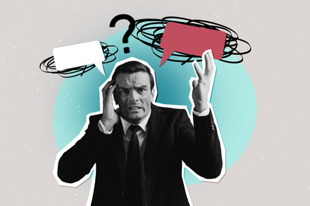 Composite photo collage of shocked panic businessman bubble speech hate problem text box...