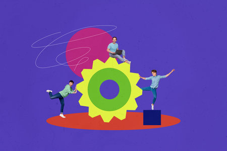 Creative photo collage image teamwork cooperation cogwheel partnership project management progress development work efficiencyの写真素材