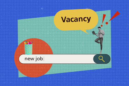 Creative collage image young man search new job browsing laptop vacancy bar occupation professional work checkered background