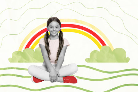 Trend artwork composite sketch image 3D photo collage of summer season holiday weekend rest relax nature outdoors young girl sit smileの写真素材