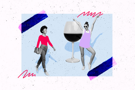 Composite photo collage of two funny black white girls dance together friday occasion drink wine alco glass isolated on painted backgroundの写真素材