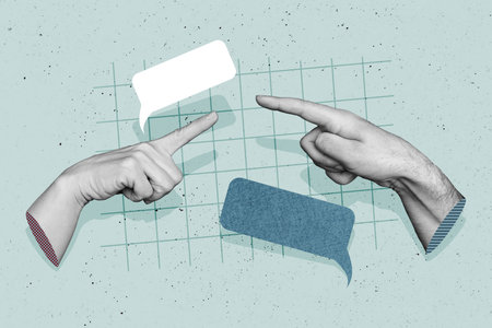 Composite photo collage of two index fingers reach together textbox communication speak conversation...