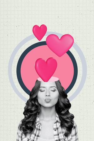 Trend artwork sketch image 3D photo collage of young cute hairstyle woman valentine day kiss face half head hear bonding romance soulmateの写真素材