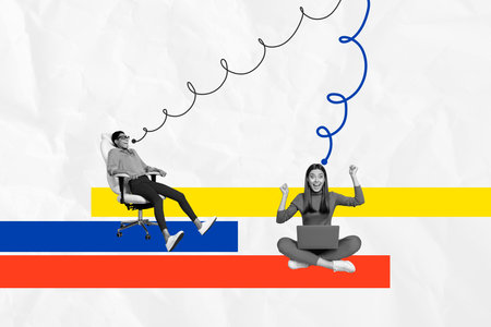 Trend artwork composite 3D collage of copyspace office manager coworking two young lady sit armchair down floor work laptop wire controlの写真素材