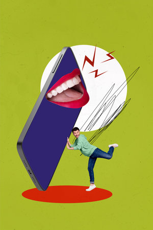 Composite trend artwork 3D sketch image photo collage of workspace miniature young man stand hand hold huge smartphone display mouth talkの写真素材