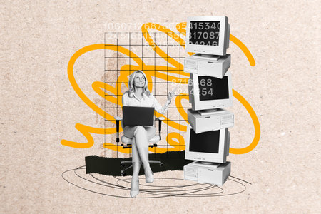 Composite trend collage of workspace aged woman office manager work laptop finger point obsolete...