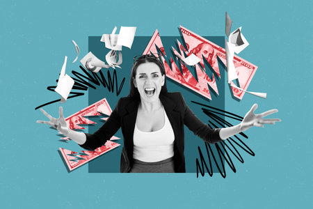 Composite photo collage of angry businesswoman scream work failure bankrupt torn money usd inflation isolated on painted backgroundの写真素材