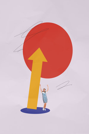 Vertical image collage young cheerful girl huge arrow up direction indicator success reach dream positive result growth achievementの写真素材