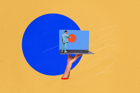 Creative collage young man laptop pc screen digital device gadget 3d hand body fragment drawing background user remote workerの写真素材