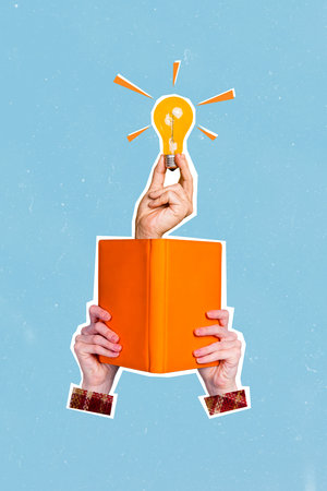 Vertical photo collage of people hold open book story peek light bulb idea concept encyclopedia...