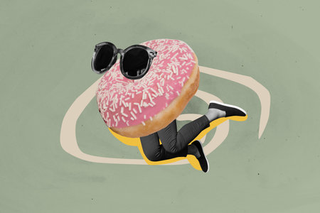 Composite photo collage of human instead body donut pastry confectionary dessert dough fat bakery diet isolated on painted backgroundの写真素材