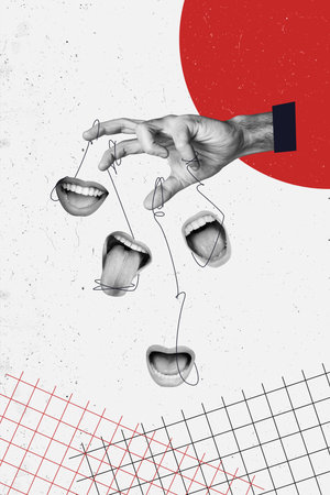 Vertical human hand body fragment pull strings manipulate mouth caricatures tongue laughter scream tell say speech checkered backgroundの写真素材