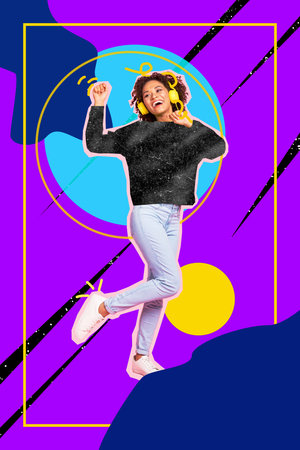 Composite trend sketch image photo collage of nightclub occasion party retro play young woman dance...