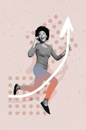 Vertical photo collage of excited american girl run speak on a smartphone arrow business promotion development goal isolated on painted backgroundの写真素材