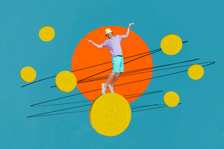 Composite collage picture of mini guy stand huge money coin isolated on creative backgroundの写真素材