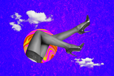 Collage 3d pinup pop retro sketch image of sexy lady legs wear stockings high heels isolated painting backgroundの写真素材