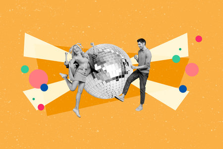 Sketch image composite trend artwork photo collage of listen music disco ball dance playlist bodyless legs woman man funky pose partyの写真素材