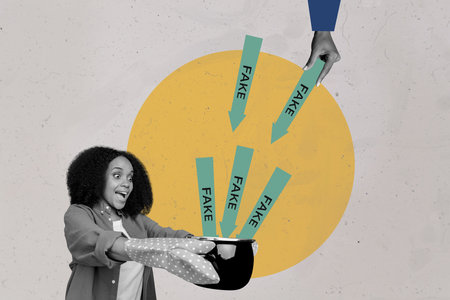 Trend artwork composite sketch image 3D photo collage of fake news information press social media young woman collect lie in cook potの写真素材