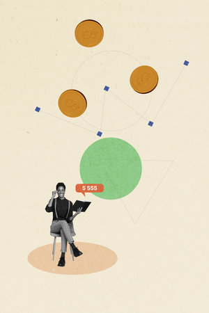 Sketch image composite trend artwork photo collage of stats graphics analyzing result project workspace young woman hold laptop earn moneyの写真素材