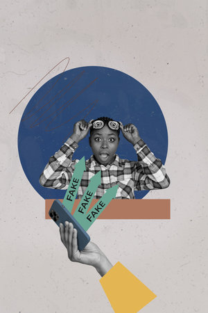 Art collage illustration of young woman fake news propaganda crazy disinformaton in social media isolated on grey color backgroundの写真素材