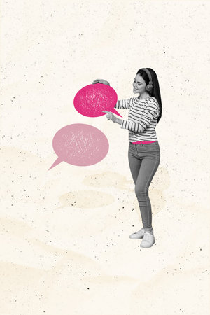 Composite trend artwork sketch photo collage of speech bubble textbox mind cloud message young woman hand hold headphones listen musicの写真素材