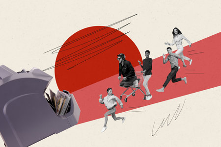 Sketch image composite trend artwork 3D photo collage of young group people colleagues man lady run competition get money salary machineの写真素材