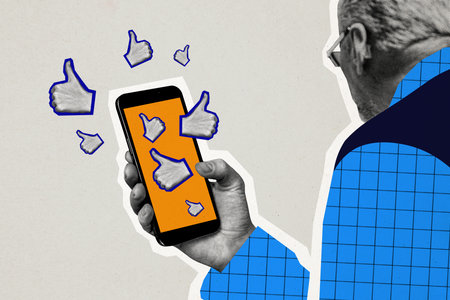 Composite photo collage of old man poplar blogger hold a smartphone device notification thumb up...