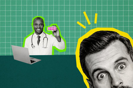 Composite photo collage of smile american man doctor browsing a laptop device scared patient consultation isolated on painted backgroundの写真素材