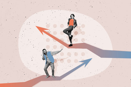 Composite photo collage of happy guy girl dance listen music headphones arrow up promotion success concept isolated on painted backgroundの写真素材