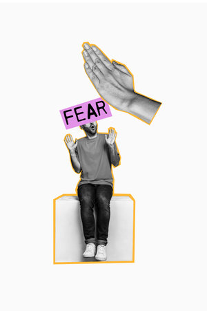 Vertical photo collage of frightened man raise hands innocent hand punch abuse hate stereotype insult panic isolated on painted backgroundの写真素材