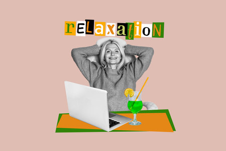 Creative collage picture mature woman worker relaxation freedom completed task weekend friday laptop workplace mojito cocktailの写真素材
