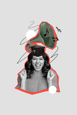 Vertical photo collage of happy girl instead head retro recorder play sound music note vintage occasion isolated on painted backgroundの写真素材