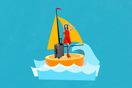 Creative collage picture young beautiful woman sea waves traveler citrus orange ship boat sailor cruise vacation travel agency promoの写真素材