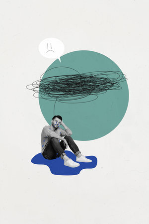 Creative vertical collage image young man sit depression mess mental pressure disorder sickness...
