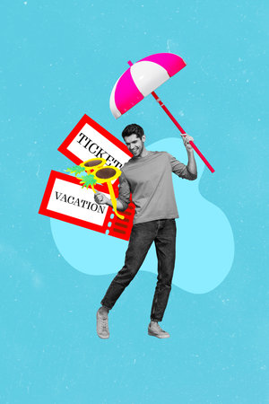 Vertical collage image young cheerful man vacation traveler tickets journey abroad travel agency promo umbrella sunglasses resortの写真素材