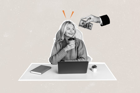Creative picture mature woman entrepreneur receive salary money cash hundred dollars boss drink coffee mug laptop workplaceの写真素材