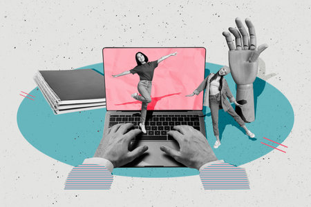 Composite photo collage of happy girls business partners stand on a laptop keyboard hands type office supplies isolated on painted backgroundの写真素材