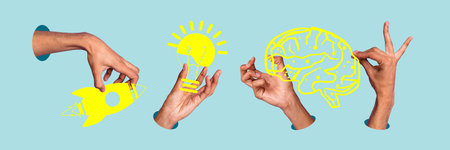 Creative poster collage panorama of hands brainstorming process research startup idea bizarre...