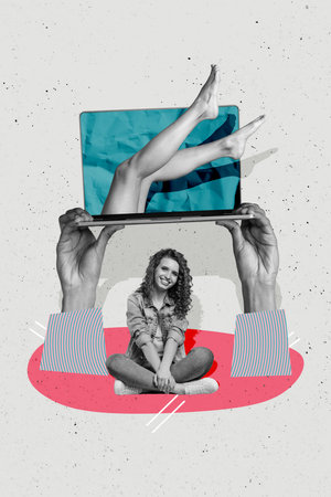 Vertical photo collage of happy girl sit under a laptop device ad smooth pretty legs epilation beauty procedure isolated on painted backgroundの写真素材
