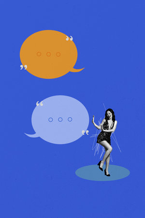 Vertical photo collage of happy girl wear sexy shiny dress dance text box communication bubble conversation isolated on painted backgroundの写真素材