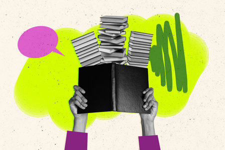 Composite trend artwork sketch image photo collage of speech bubble textbox mind cloud message hand hold huge book read pile libraryの写真素材