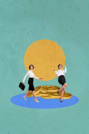 Vertical image collage happy successful lady businessman celebrate triumph victory golden coins forex market trader capitalの写真素材