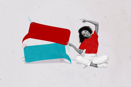 Collage sketch picture image of happy woman sitting showing empty space isolated on drawing...
