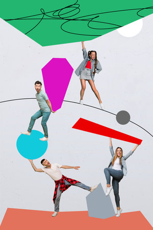 Vertical composite artwork collage image picture of mini people dance have fun isolated on creative backgroundの写真素材