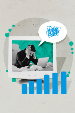 Collage artwork sketch of worried nervous man sitting thinking problem isolated on drawing creative...