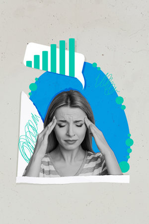 Composite trend artwork sketch collage of chatting cloud sms speech message silhouette young woman headache stats graphics badd moodの写真素材