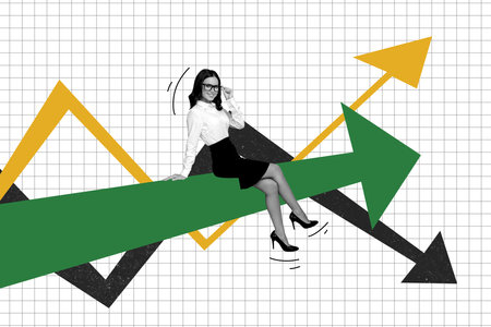 Composite trend artwork sketch image photo collage of young woman work office manager trader sit huge arrow show direction way moveの写真素材